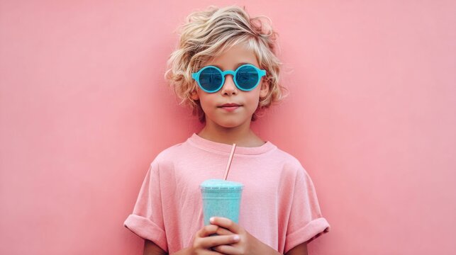 Stylish young boy with blonde curly hair wearing blue sunglasses and holding a smoothie