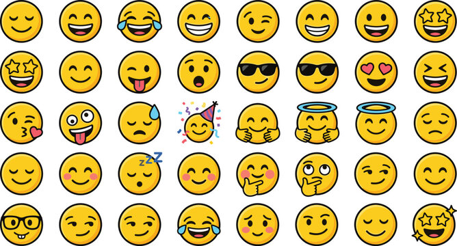 Happy Emoji Vector Icon Set with Cute Yellow Smileys Emoticons and Cartoon Faces Expressing Joy Love Celebration and Positive Moods for Digital Chat Applications