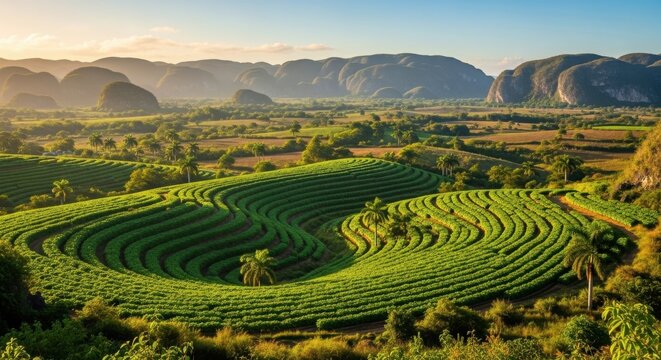 Vinales valley in cuba with lush green tobacco fields and mogotes mountains at sunset beautiful landscape of a rural farm area in the pinar del rio province