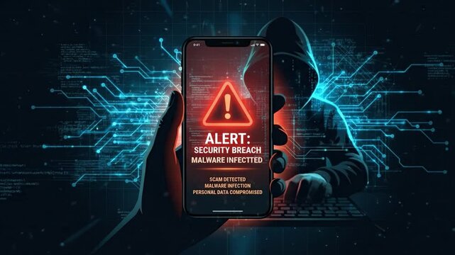 Alert security breach malware infected scam detected personal data compromised digital threat hacker silhouette cybercrime concept smartphone warning message cybersecurity data protection malware