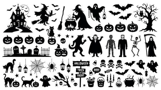 A collection of various Halloween-themed silhouettes, including witches, ghosts, vampires, bats, pumpkins, and haunted houses, perfect for spooky decorations and crafts