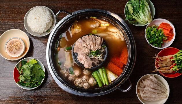 thai hot pot food call jim jum with pork soup sauce and vegetable ingredient on table in thailand