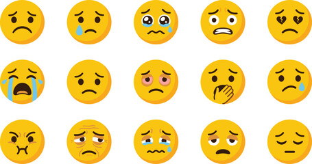 Fototapeta premium Sad Emoji Icon Set with Crying Depressed and Anxious Yellow Emoticon Faces for Social Media Chat Apps Digital Messages and Vector Designs