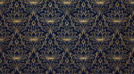 Damask seamless pattern with golden floral ornament on a dark blue background © Saharia