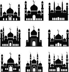 Mosque silhouette vector collection set featuring different islamic architecture designs with minarets and domes for ramadan celebration © MdAsikul