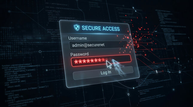secure access login interface window with username and password entry fields being hacked on dark digital background with code and red glitch elements