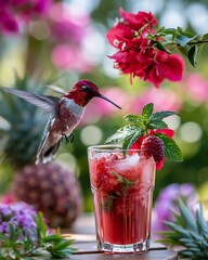 Obraz premium Hummingbird Nectar Seek with Vibrant Cocktail in Lush Garden Setting