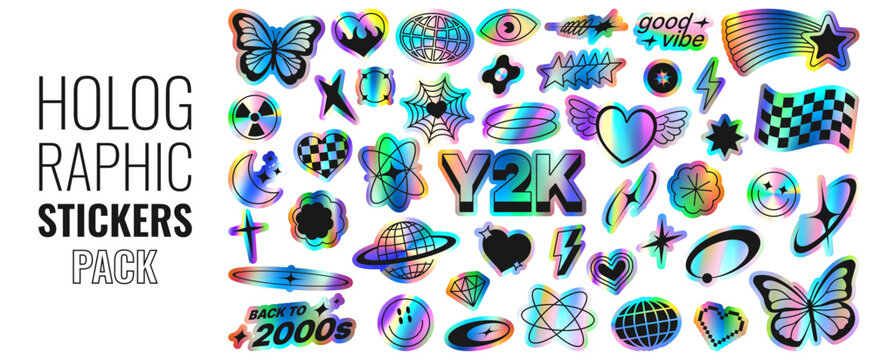 Retro holographic Y2K sticker collection. Vector futuristic labels with retro symbols and objects with iridescent foil texture for scrapbooking, and nostalgic cyber designs, 2000s-inspired branding.