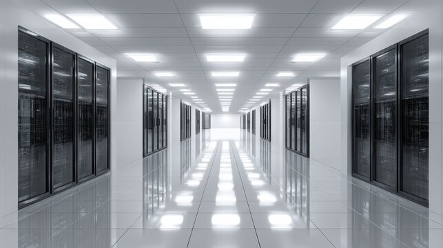 cutting edge tech data center hallway, bright white LED ceiling panels, glossy black server cabinets, minimal symmetrical framing 