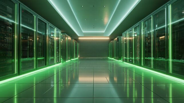 green energy powered data center, solar themed futuristic interior, sleek server racks with soft green LED glow, minimal clean architecture