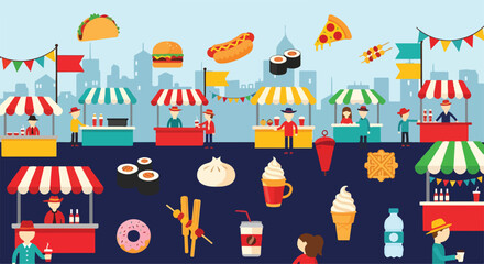 Naklejka premium A vibrant food market scene with colorful stalls and diverse food