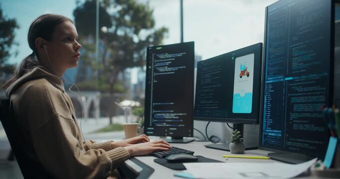 Focused White Female Software Developer Coding on Multiple Computer Screens in Modern Office, Designing Food Delivery App Interface, Programming User Experience and Building Backend System