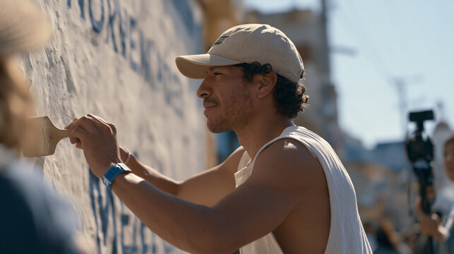 Residents of a gentrifying Latin American barrio painting over a recently approved corporate advertisement that replaced neighborhood folk murals, frustration and community