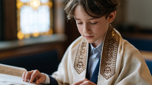 Bar mitzvah boy reading from the Torah at a synagogue bimah in front of a congregation during Rosh Hashanah season, wearing a new tallit draped over his shoulders, his family
