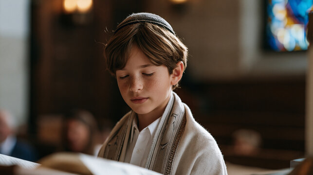 Bar mitzvah boy reading from the Torah at a synagogue bimah in front of a congregation during Rosh Hashanah season, wearing a new tallit draped over his shoulders, his family