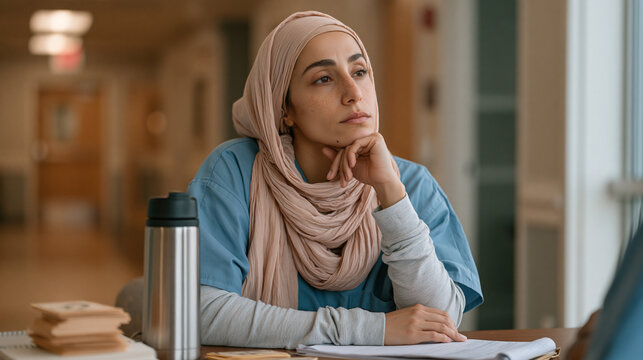 A Syrian-trained nurse in scrubs studies for her American licensure exam on a break room table in a care facility, flash cards stacked beside her thermos, a colleague glancing at