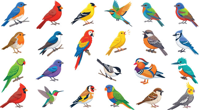 Colorful Bird Vector Character Icon Set with Exotic and Backyard Birds Like Cardinal Parrot Blue Jay Hummingbird and Kingfisher for Nature Graphic Designs