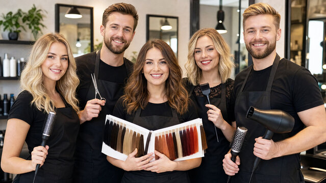 Group portrait of smiling Caucasian hairdressers standing in modern beauty salon holding professional