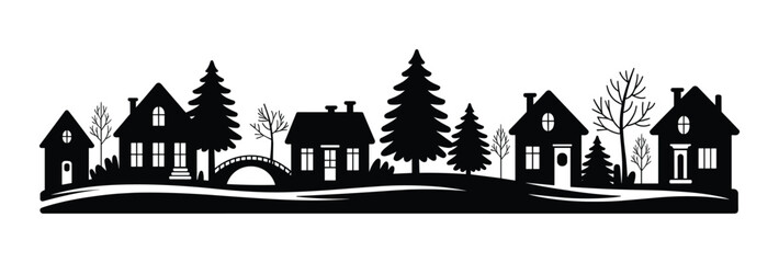 Obraz premium Village Silhouette: A charming black silhouette depicts a quaint village nestled against a snowy landscape, featuring houses, evergreen trees, and a small bridge under a winter sky.