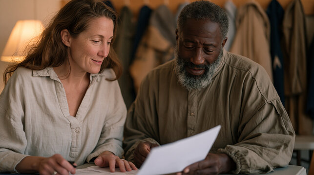 Social worker and formerly homeless veteran review housing paperwork together at a folding table inside a transitional shelter common room, donated coats hanging on hooks behind
