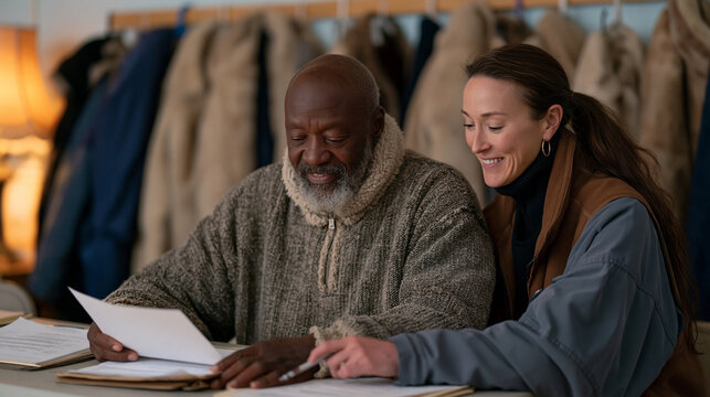 Social worker and formerly homeless veteran review housing paperwork together at a folding table inside a transitional shelter common room, donated coats hanging on hooks behind