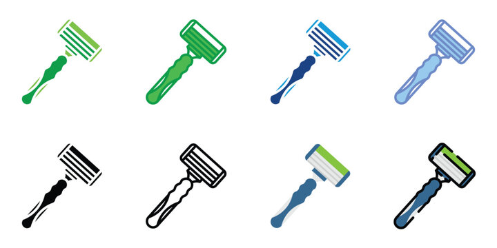 Disposable Razor Icon Set Collection in Flat, Line and Color Styles for Shaving, Grooming and Personal Care Vector Illustration