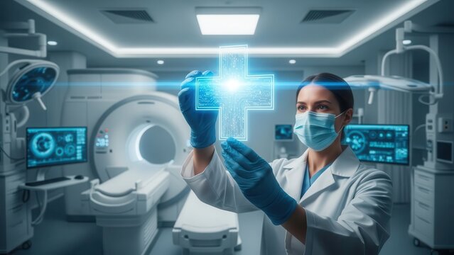 A female doctor in a hospital room with a virtual reality headset on her head illustration