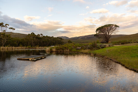 pond, reflections at sunset and dusk