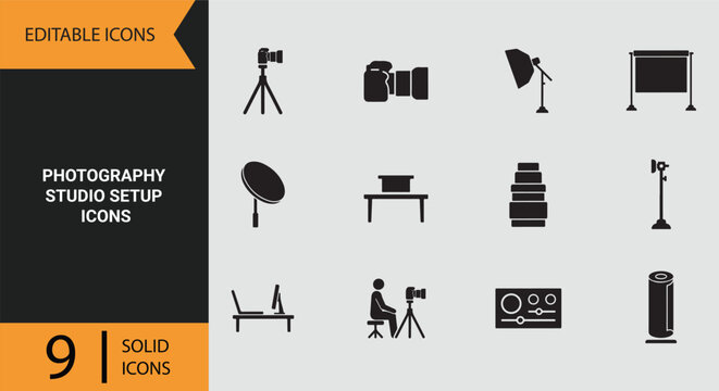 Photography Studio Workspace Solid Icons Set For Professional Content Creation