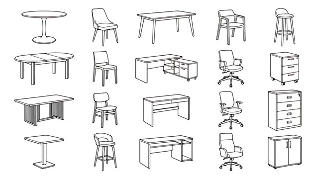 Minimalist furniture line icons set, modern office and home interior vector elements, 20 black outline furniture symbols for floor plans