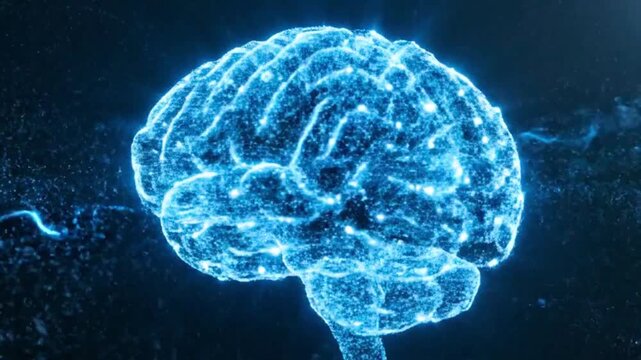 Abstract glowing blue digital brain with electrical sparks and particles in a nebula and motion graphics, artificial intelligence, and visual effect