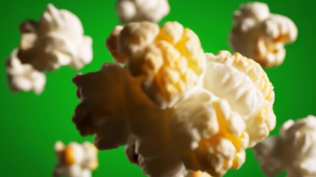 Popcorn in mid air against green background