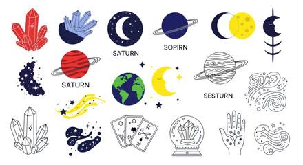 Mystical celestial icons including crystals planets and tarot cards © fufu