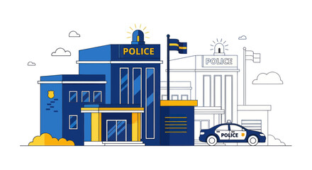 Modern police station building with patrol car and flashing sirens © fufu