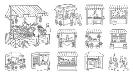 Fototapeta premium A collection of outline illustrations depicting various market stalls with vendors and customers, showcasing produce, flowers, food, and clothing