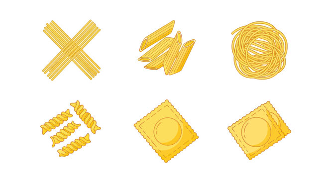 Selection of classic italian pasta shapes including spaghetti and ravioli
