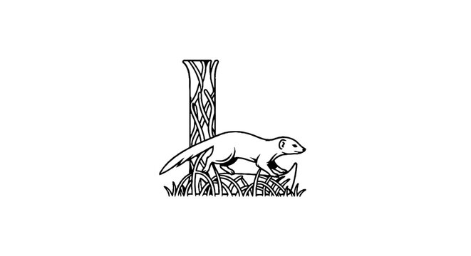 Illustrated Weasel Near Tree Trunk.