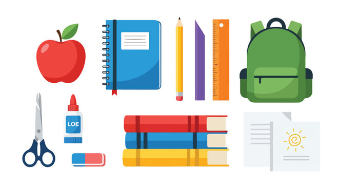 Colorful school supplies on white