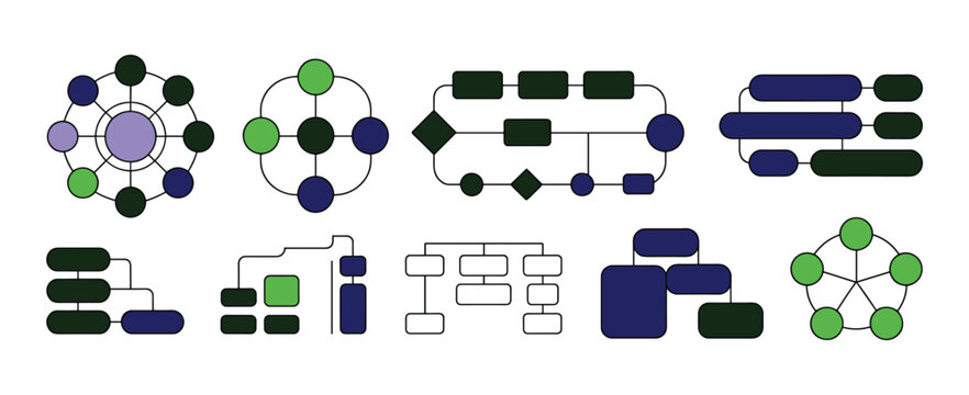 Abstract Organization Charts: A collection of diverse abstract graphic designs representing organizational structures and flowcharts.
