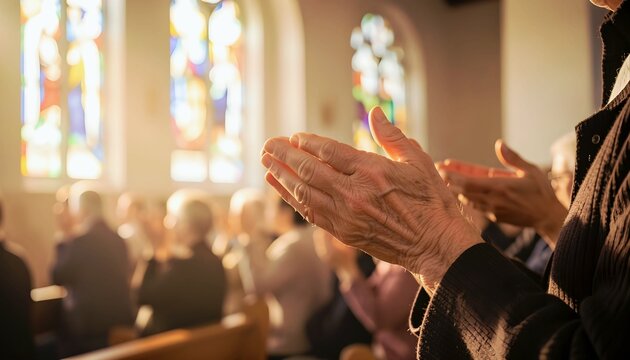 Close-up of senior hands clapping in a sunlit church during a worship service. Warm golden light filters through stained glass, highlighting faith, spirituality, and community praise in a congregation