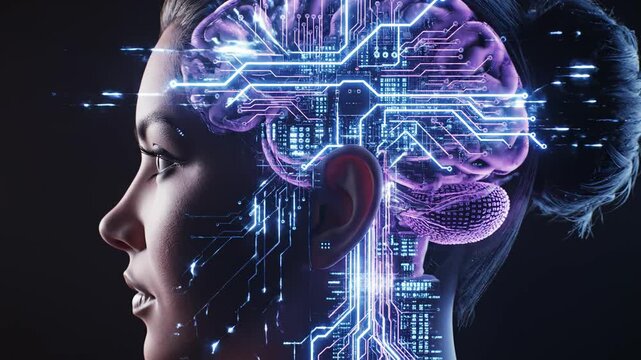 Human head with digital brain circuitry