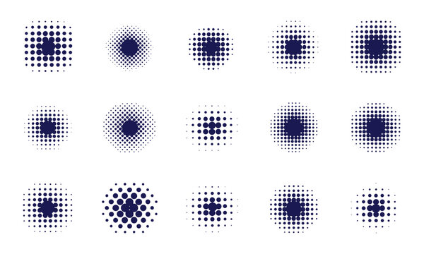 Blue Halftone Dots: A collection of blue halftone dot patterns, representing a gradual fade or gradient effect, ideal for graphic design elements.