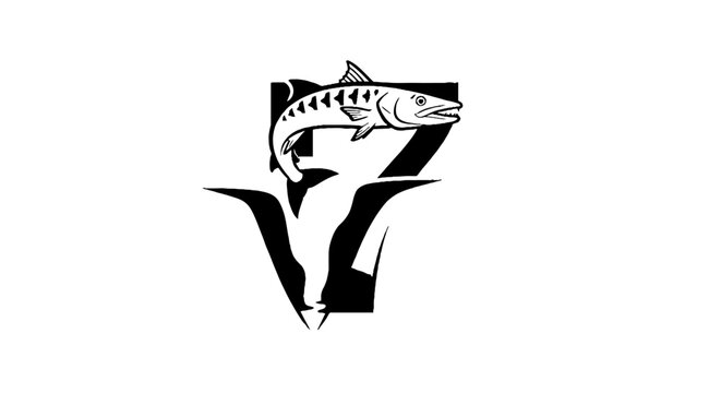 Black and white fish logo with letter V design.