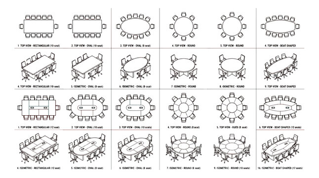 Architectural conference table icons set, 24 isometric and top view office furniture symbols, meeting room floor plan layout vector elements