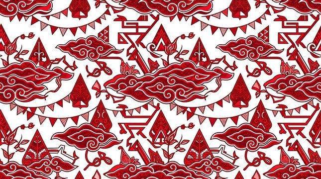 Seamless red and white indonesian batik cloud pattern