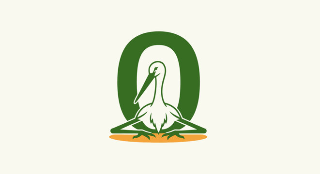 White stork standing in green circular frame illustration.