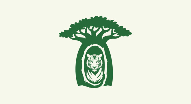 Green baobab tree and tiger head silhouette logo.