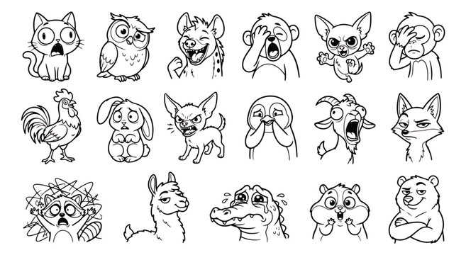 Funny animal emoji stickers set, 17 cartoon animal characters with expressive faces, black and white line art vector illustrations for social media