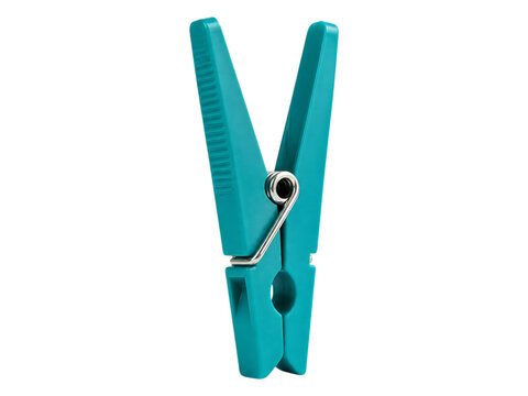 Bright turquoise plastic clothespin isolated on transparent background, minimalist design for laundry or craft use