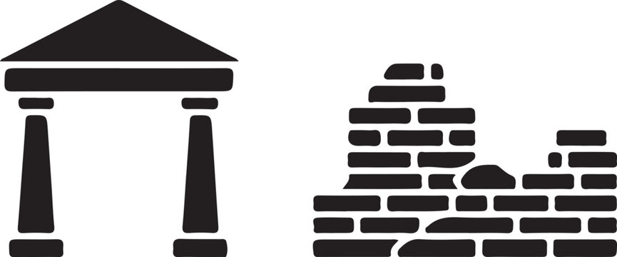 Minimalist black and white illustration of ancient Greek temple and broken brick wall
